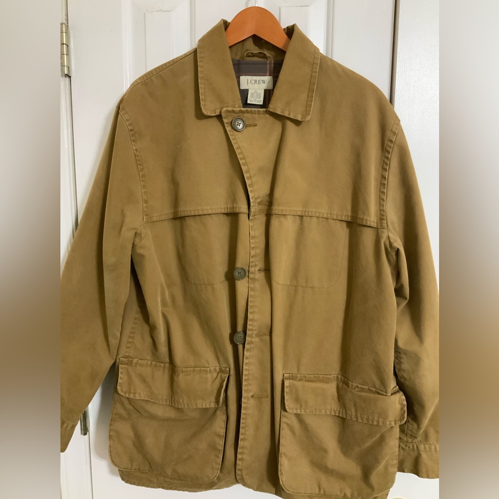 J. Crew Barn Jacket, size Large, British Khaki, Flannel Lining, Inside pockets.